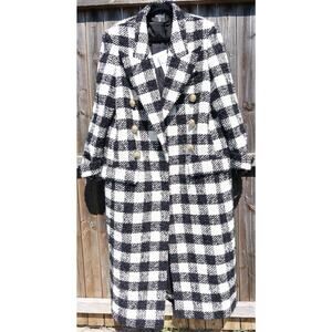 Balmain Paris NWT Black White Plaid Long Coat Gold Buttons FR46 US14 XL